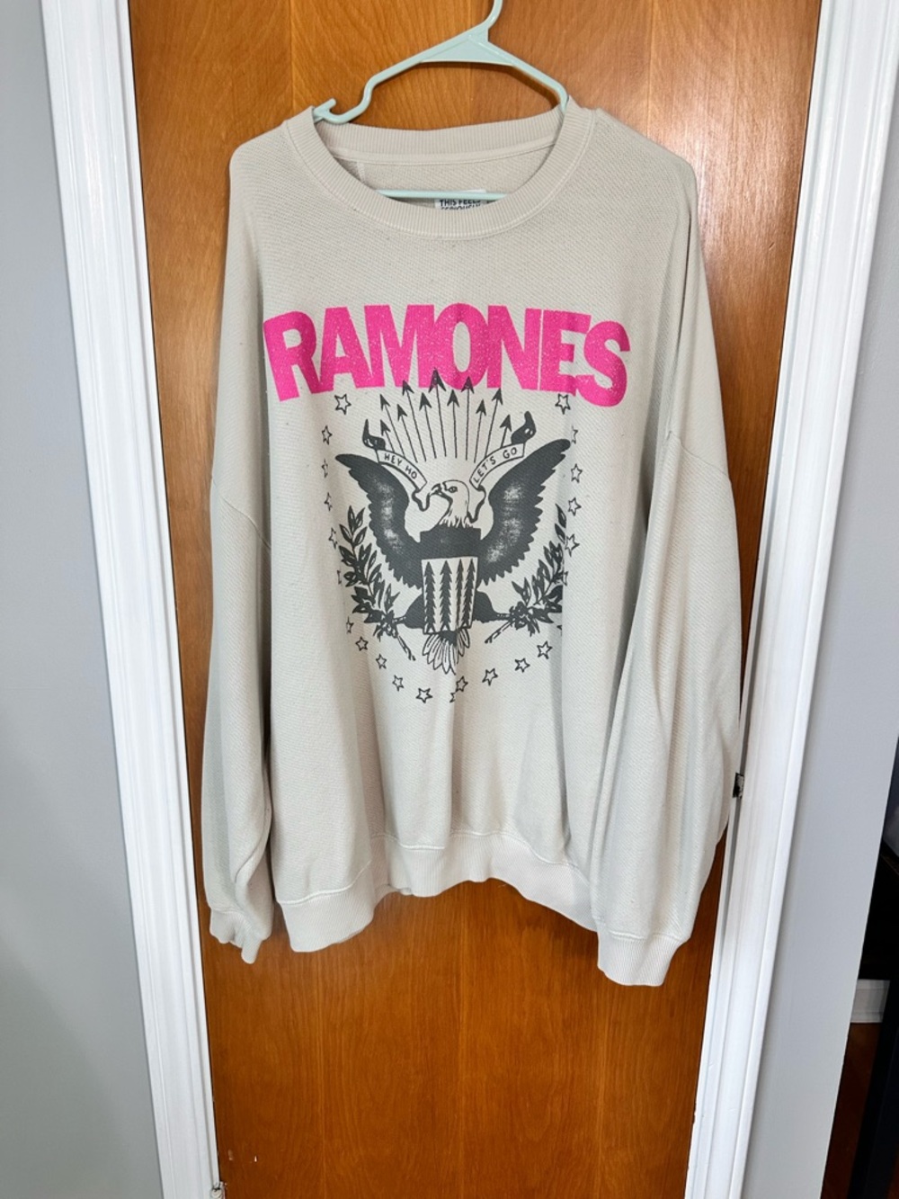 American Eagle Outfitters Cream Sweater with Pink Ramones Graphic